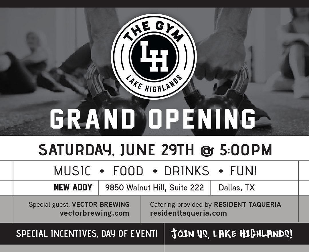 Next Sat, June 29, join us <a href="/CrossFitLH/">CrossFit LH</a> for The GYM Lake Highlands Grand Opening from 5p-9p! We’ll be pouring the 🍻 and <a href="/Residenttaq/">Resident Taqueria</a> will be slinging the 🌮 Sign up for classes at the party and start working off those tacos and beers right away. 💪