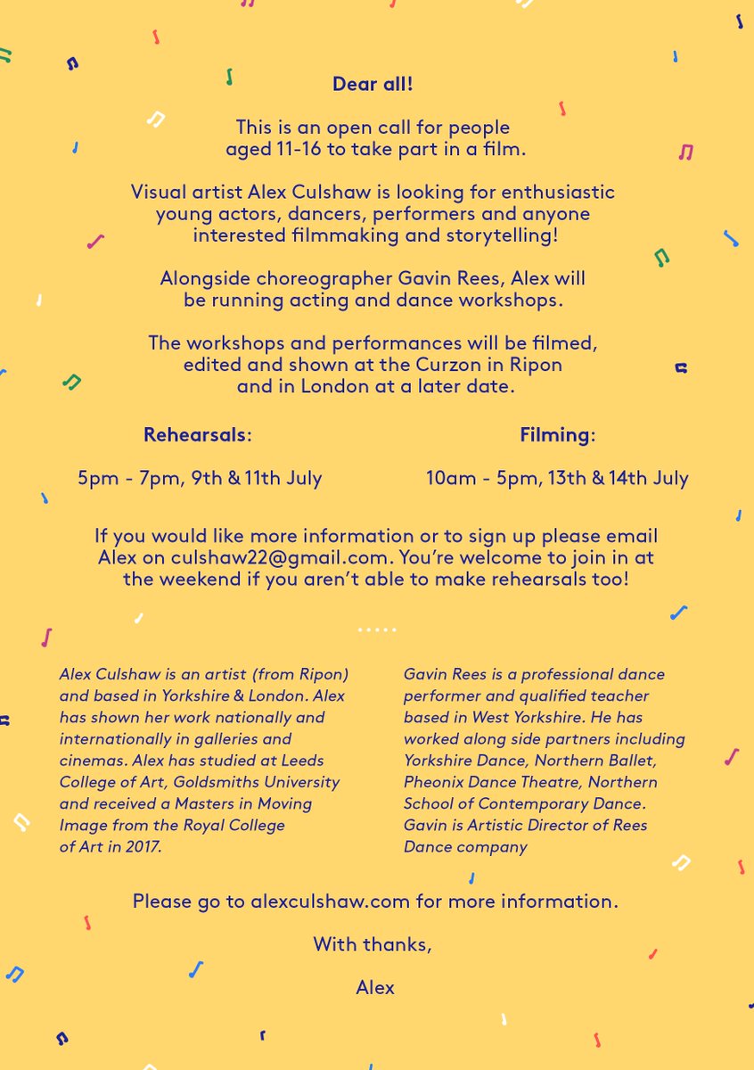 AlexCulshaw22's tweet photo. Open call for people age 11-16 to take part in a #film &amp; #movement #workshops this July in #ripon  Thanks to @ace_thenorth for funding the project, can't wait start filming! @gavinr77 @waynesables @RiponOperatics #DiscoverRipon #riponhour https://t.co/Ej3vDk8d0T https://t.co/ji7d707T0P