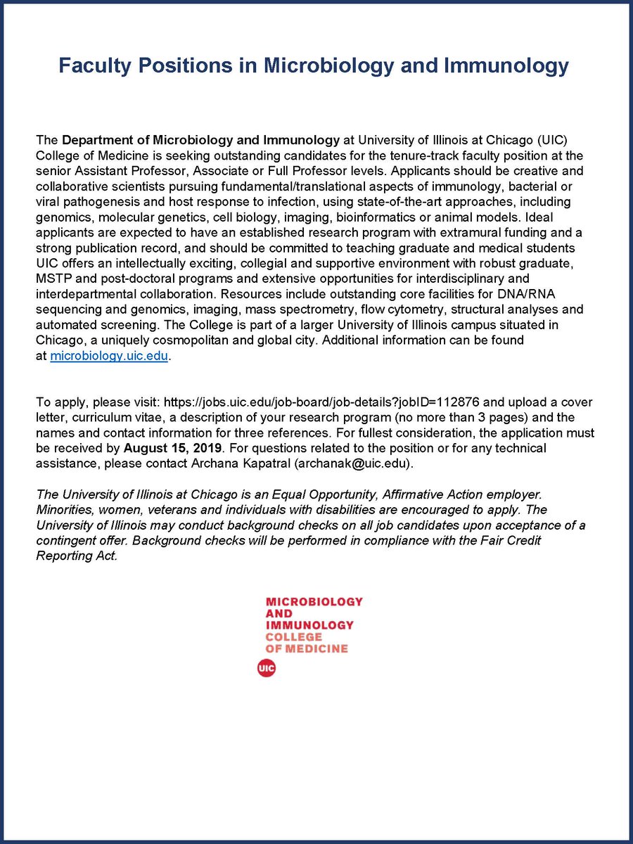 UIC Microbiology (@uicmicrobiology) on Twitter photo <a href="/UICMicrobiology/">UIC Microbiology</a> is seeking outstanding candidates for the tenure-track faculty position at the senior Assistant Professor, Associate or Full Professor levels. Application is open until August 15. Interested candidates should apply here: jobs.uic.edu/job-board/job-… <a href="/UICMicrobiology/">UIC Microbiology</a> is seeking outstanding candidates for the tenure-track faculty position at the senior Assistant Professor, Associate or Full Professor levels. Application is open until August 15. Interested candidates should apply here: jobs.uic.edu/job-board/job-…