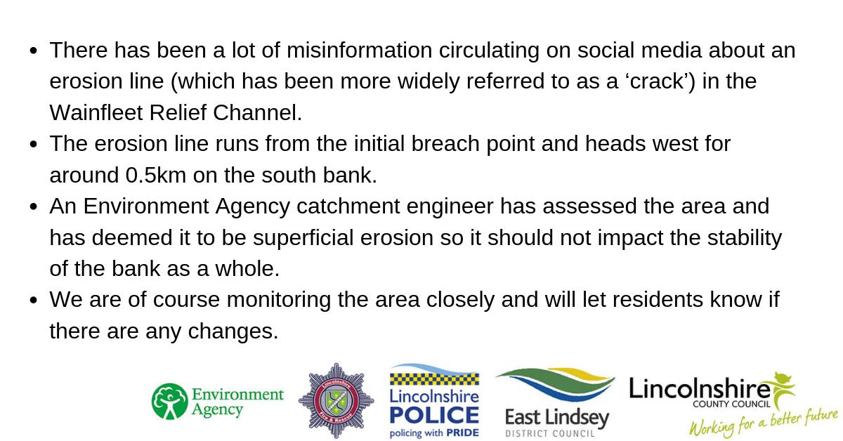 Here's the latest on the erosion line found on the #Wainfleet Relief Channel. We would like to reiterate that there is no second breach. Thank you to all staff and partners who have been working to ensure the safety of the people of Wainfleet.