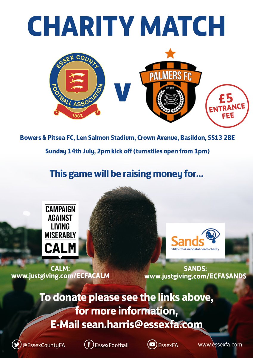 EssexCountyFA's tweet photo. Please come along to support this charity match, @EssexCountyFA vs @PalmersFC, which is raising money for @theCALMzone and @SandsUK. See you at @Bowerspitseafc! https://t.co/HD1xwVSqoV