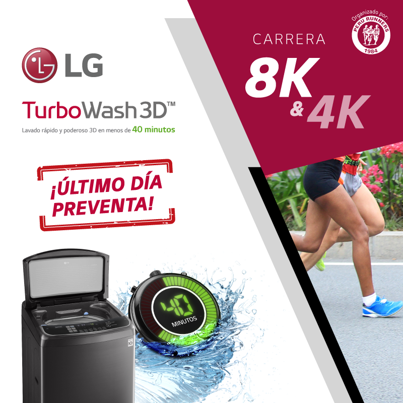 ¡Último día de preventa! 🏃‍
La carrera LG TurboWash 3D 8k y 4k te espera con los brazos abiertos 🙌🏾 este Domingo 07 de Julio en el Circuito Mágico de las Aguas. Pueden inscribirse desde S/ 40 en tucarrera.pe