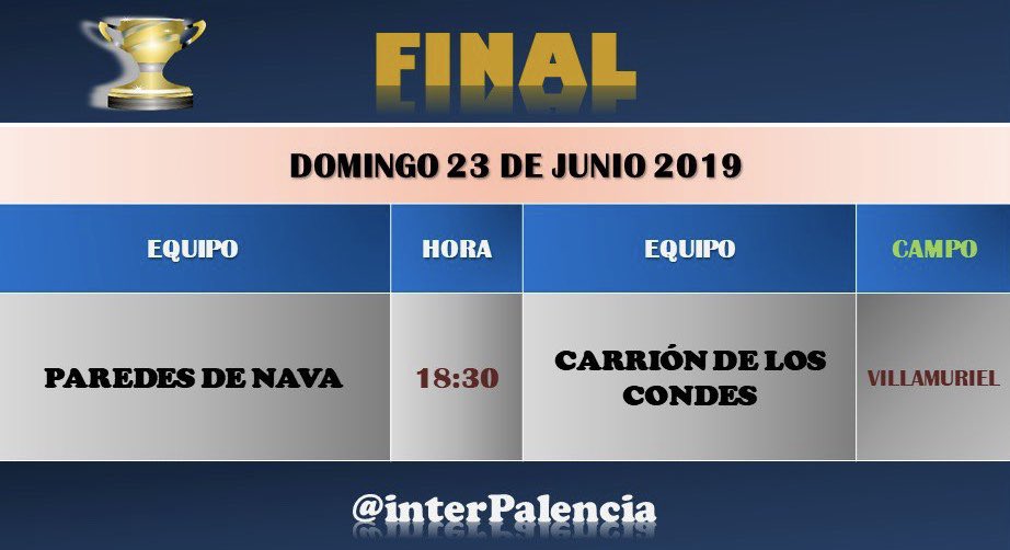 interPalencia's tweet photo. TORNEO PROVINCIAL DE FÚTBOL 2019 ⚽️

🏆 FINAL

🗓 Domingo 23 de Junio

⏰ 18:30

🏟 Campo Municipal “Rafael Vázquez” Villamuriel de Cerrato 

⚽️ @paredesinter - @cdc_carrion 

#interpueblosPalencia https://t.co/T7TyXoIkCV