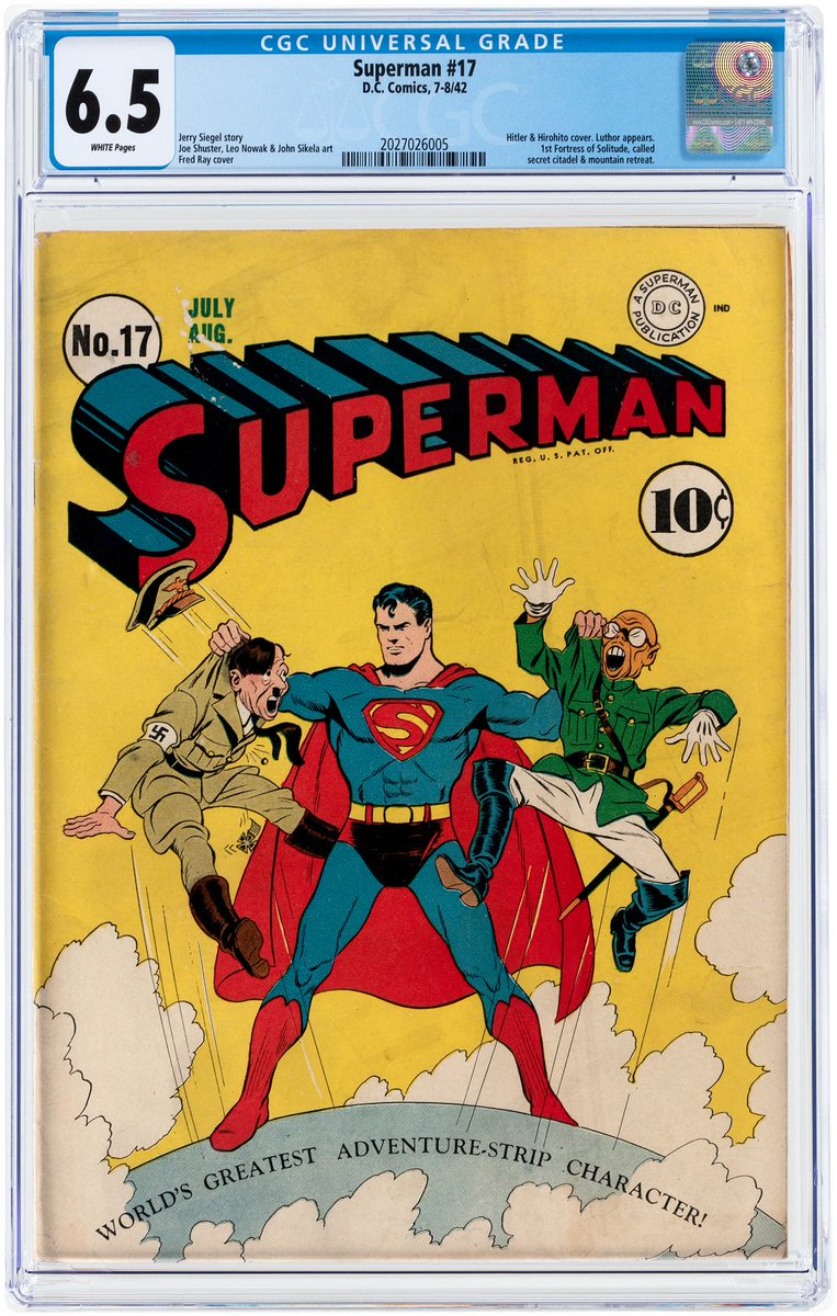 HakesAuctions's tweet photo. #WorldWarII was felt even in#comicbooks, as the cover to #Superman #17 (7-8/42) shows Superman capturing #AdolfHitler & #HidekiTojo. Bidding on this #CGC 6.5 copy is now open at @HakesAuctions!
#DCComics #WWII #Hitler #Tojo #AntiAxis #FredRay #GoldenAgeSuperman #SupermanFans https://t.co/s0CnP9tj52