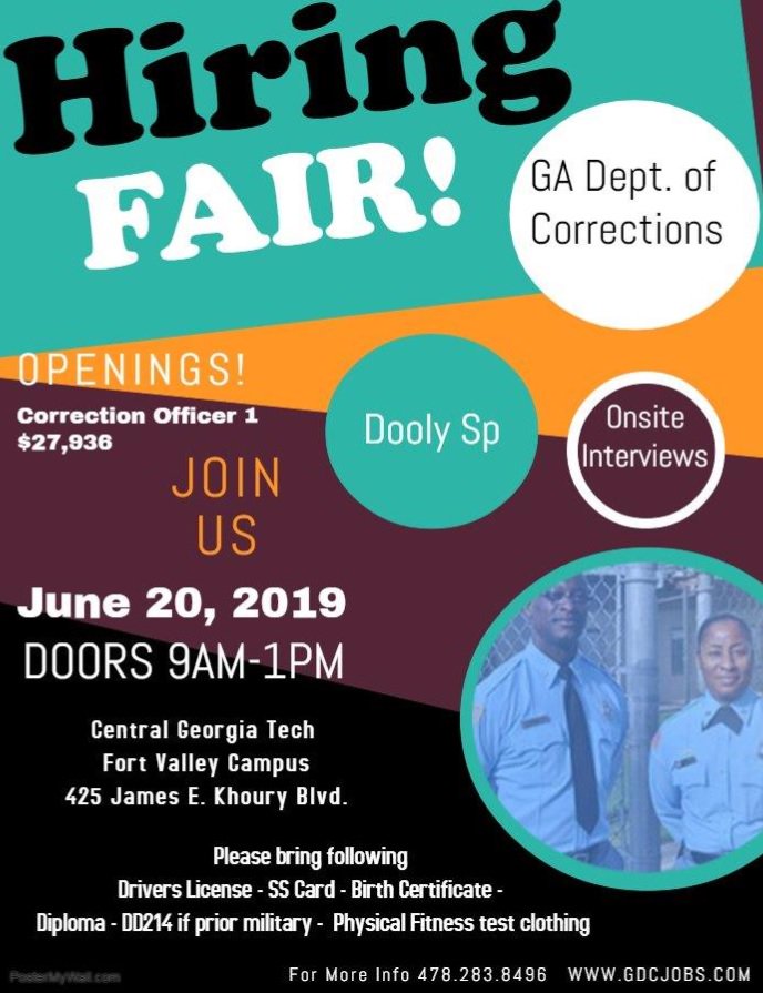 Hiring Event!  Georgia Department of Corrections
When: June 20, 2019
9:00 a.m. - 1:00 p.m.
Where: Peach Regional Workforce Development Center
Central Georgia Technical College - Peach County Campus
425 James E Khoury Drive
Fort Valley, Georgia 31030
#HiringNow #PeachCounty #Jobs