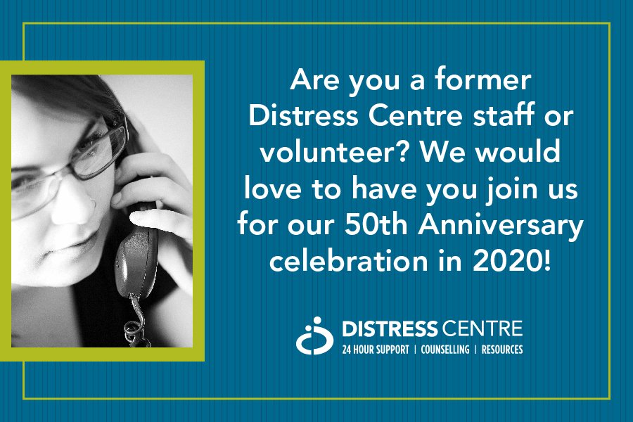 Distress_Centre's tweet image. In 2020, DC celebrates its 50th Anniversary! If you are a former DC staff or volunteer, we would 💙 for you to join us at our celebration in May 2020!

If you&apos;re interested, provide your contact info to receive updates as they become available: distresscentre.com/50th-anniversa… #yyc