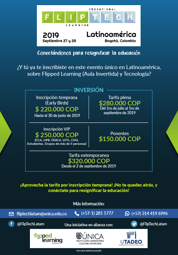 FlipTechLatam's tweet photo. No dejes pasar el descuento por registro temprano hasta el 30 de Junio! 

#FLIPTECH #EDTECH #FLIPPEDLEARNING #FelizMartes https://t.co/7qtfQeqEeQ