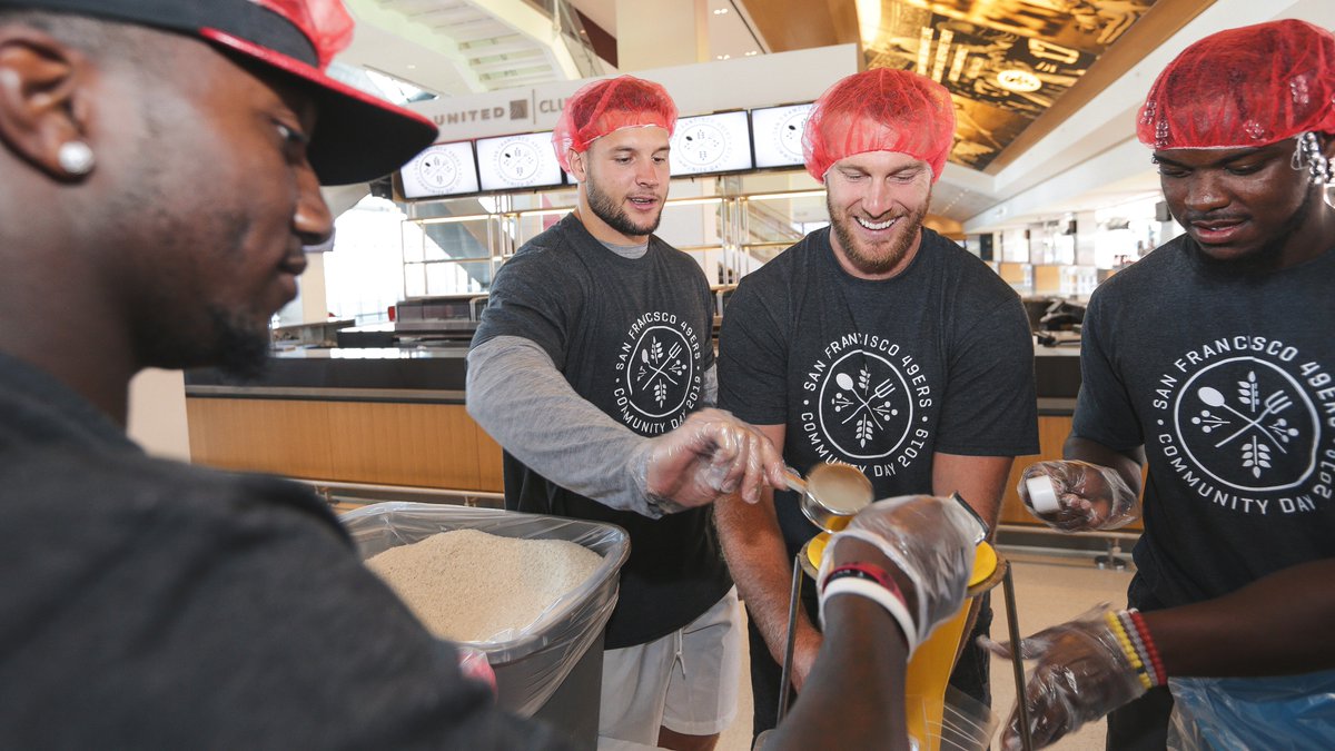 Huddling up for a good cause.

#49ers rookies teamed up with front office staff to pack over 30,000 meals for deserving families in partnership with @IAmFCE. #49ersHuddleFor100