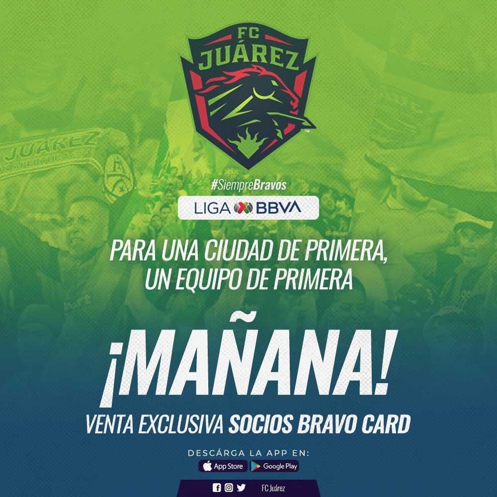 fcjuarezoficial's tweet photo. ⏰🚨 / ¡MAÑANA! / ⏰🚨
🎊👏 ¡Venta exclusiva #Bravocards!🎊👏
#SoyBravo🐎💚
#SomosFútbol⚽ #BravosContigo #SiempreBravos #ElFutbolSeSienteEnLaCancha #SienteTuLiga #LigaBancomerMx https://t.co/Pv4mW9YQy5