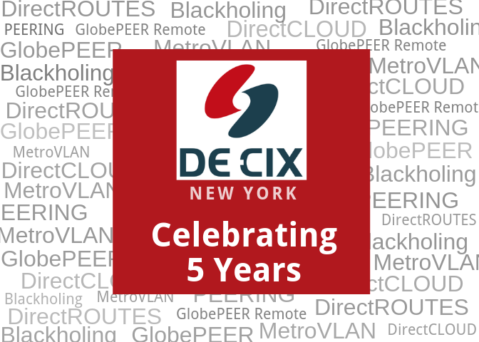 DECIX_US's tweet photo. Happy 5th Birthday #DECIXNY! Cheers to being the fastest-growing #Internet Exchange in the NY metro area & becoming the leading Internet Exchange in this area. Learn more about DE-CIX NY here: https://t.co/JFfJ9zvmbH #NYpeering #IXP #Connectivity https://t.co/CmKaXKocCU