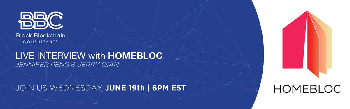 Homebloc_io's tweet photo. Join us tomorrow Jun 19, 2019 at 6PM EST for a #webinar #interview with Black Blockchain Consultants (#BBC). #Homebloc team members Jennifer Peng and Jerry Qian will be speaking with the BBC about our work, both in the #US and in #China. 

Stay tuned for links to join! https://t.co/En74tbsDcF