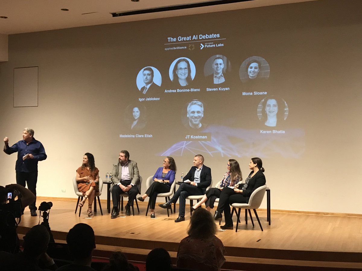 NYUFutureLabs's tweet photo. Excited to kick off the first of our Great AI Debates, with  @GlobalEthicist/GEC Risk Advisory, @m_c_elish/ @datasociety, @mona_sloane/@nyutandon, @ijablokov/@pryon, @karenbhatia/@NYCEDC , @stevenkuyan &amp; @jt_kostman on the future of work 🤖 #AiDebates #appliedbrilliance https://t.co/XrpobaYXOm