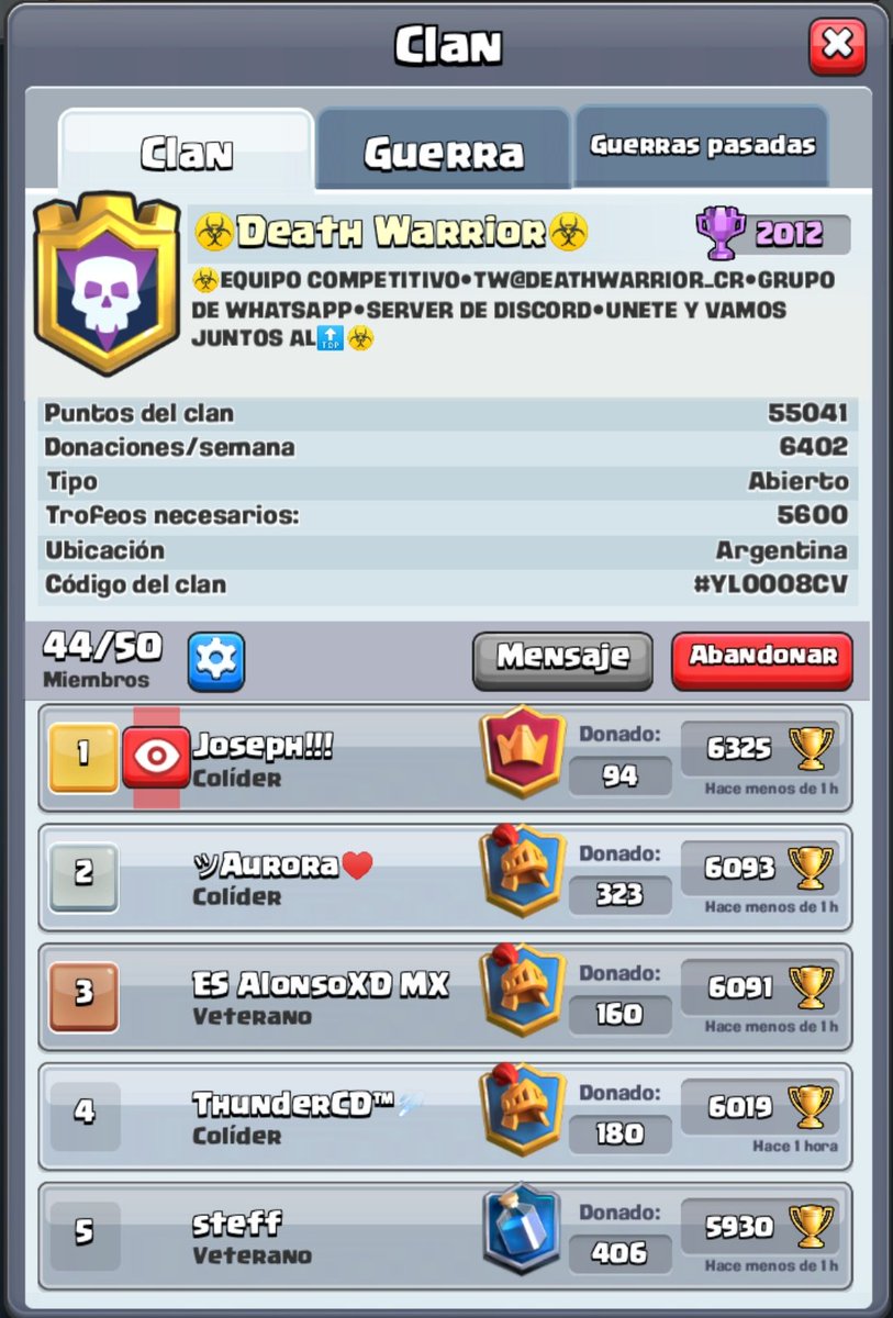 ☣Buscamos miembros que se quieran unir al clan damos Headers a los miembros fieles del clan☣
🔰Requisitos🔰
💥+5600 copas
💥+50 war 
💥+30 mil donaciones