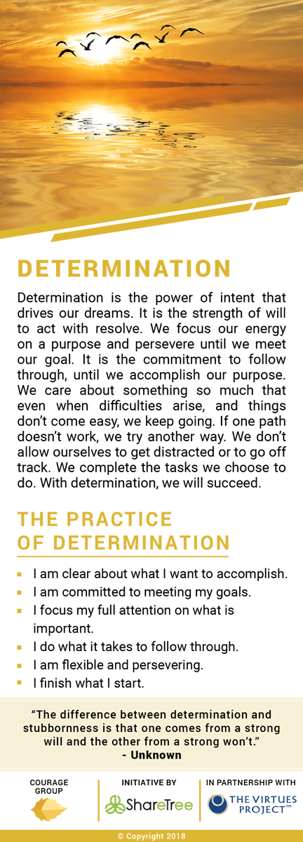 Determination is the power of intent that drives our dreams. It is the strength of will to act with resolve. We focus our energy on a purpose and persevere until we meet our goal.
Read our character card for more information about practicing #determination.