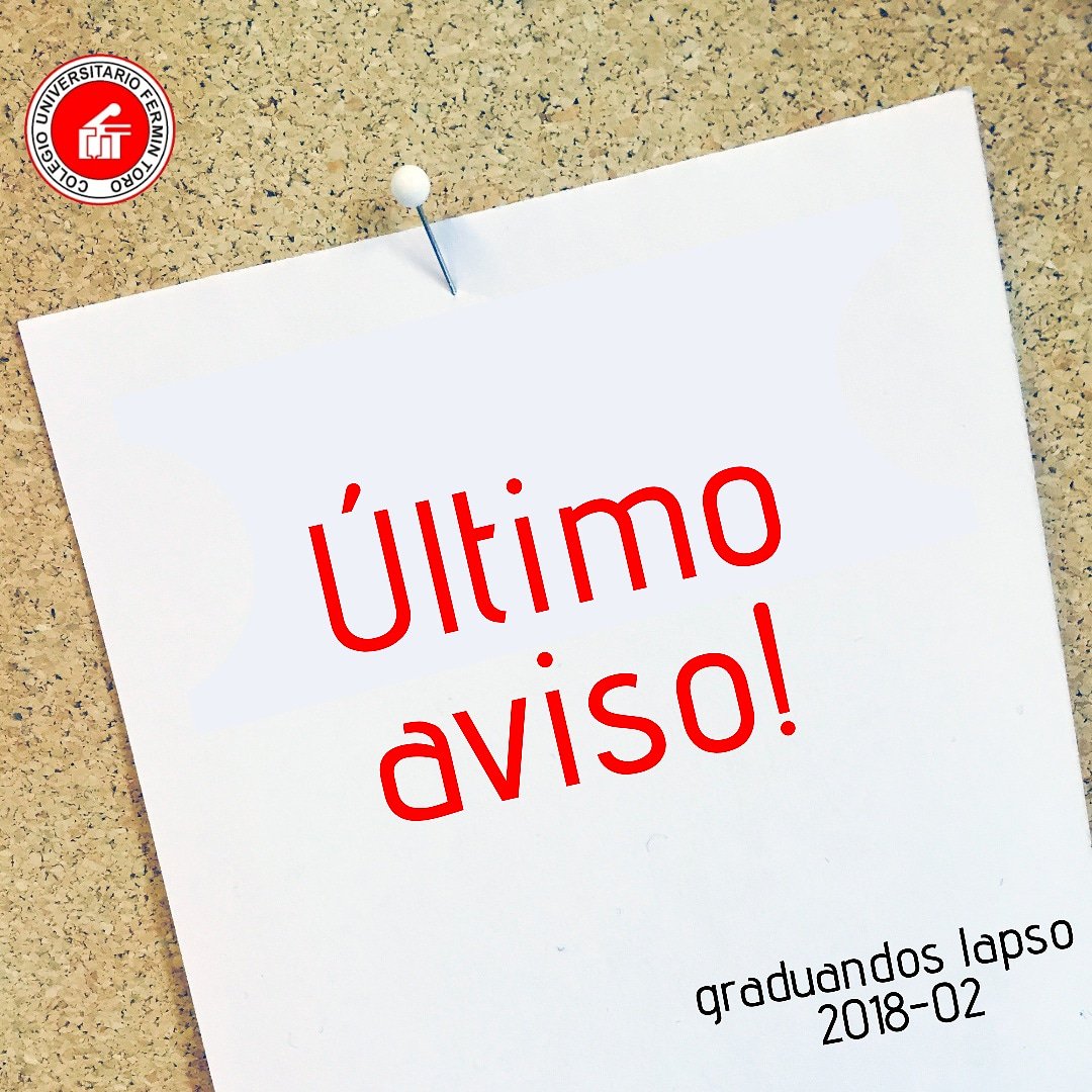 CUFTencontacto's tweet photo. Ultimo aviso

Alumnos graduando del lapso 2018-02 tienen hasta el día 21 de junio   para cancelar los aranceles del acto de grado del día 28 de junio.

Realizar el pago por caja del  C.U.F.T. https://t.co/DTRyPsrTqg