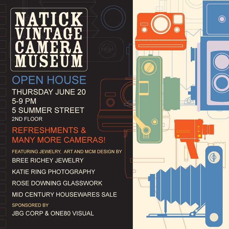 Natick Vintage Camera Museum will host an Open House on Thursday, June 20th from 5-9:00 pm with refreshments &amp; more cameras! Also open is Bree Richey Designs, Katie Ring Photography, Rose Downing glasswork &amp; Mid Century Housewares Sale!