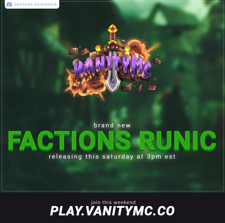 Factions Runic *NEW* will be launching this Saturday at 3 PM EST! 🧙‍♂️

This will be a new style of factions, more info coming soon. 💚

🍄 Retweet + follow to enter in this giveaway: 
- x2 Vanity Ranks
- x5 June Monthly Crates
- x5 Runic Monthly Crates
- x10 Vanity Keys