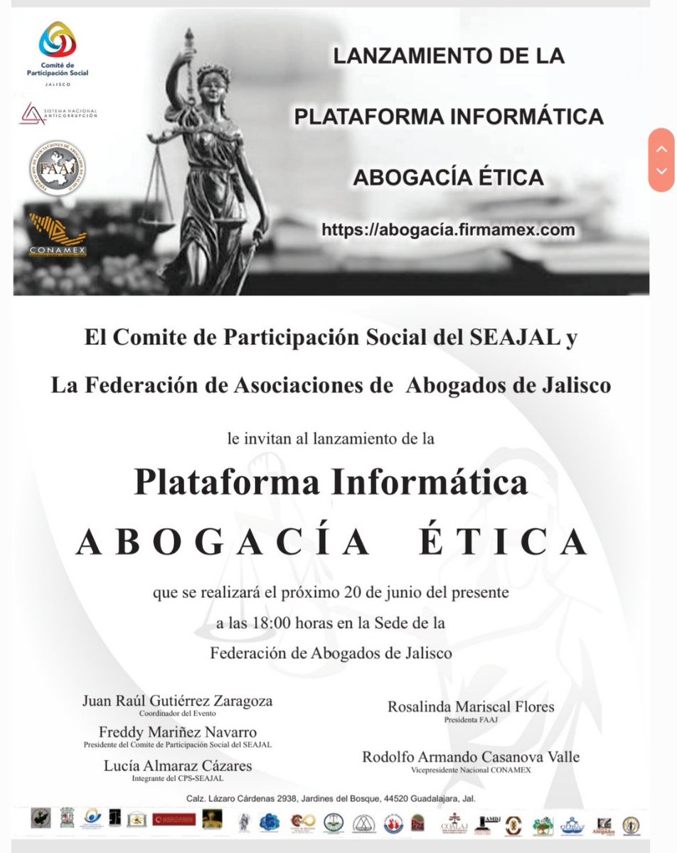 MiguelAldrete's tweet photo. ⚠️🔊Este jueves se presenta la Plataforma Informática "Abogacía Ética", esfuerzo colaborativo para dignificar la profesión jurídica. Presentarán el evento diversos miembros del @cpsseajal, como la estimada @DraLuciaAlmaraz y Rosalinda Mariscal Flores, presidenta de la #FAAJ⚠️ https://t.co/VNAv5EQQb8