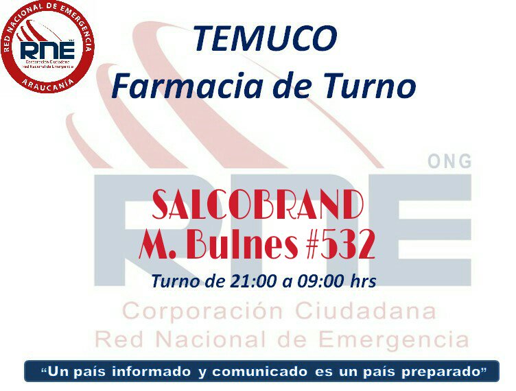 RNEAraucania's tweet photo. #TEMUCO #FarmaciaDeTurno esta noche @salcobrand_cl de Bulnes #532 @reddeemergencia @RNEAraucania #TodosSomosRNE #CopaAmerica #Brasil2019 #BoliviaPeru #Bra #BOLxPER https://t.co/WKoiZTJP4j