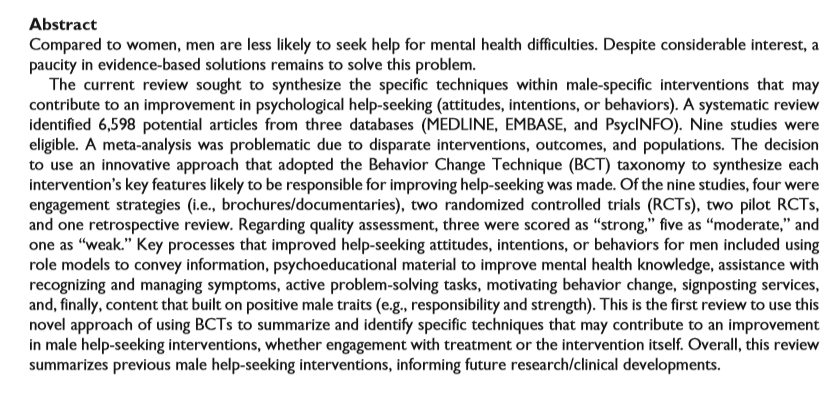 nzmenshealth's tweet image. Improving Mental Health Service Utilization Among Men: A Systematic Review and Synthesis of Behavior  Change Techniques Within Interventions Targeting Help-Seeking #menshealth #mentalhealth #helpseeking
journals.sagepub.com/doi/pdf/10.117…
