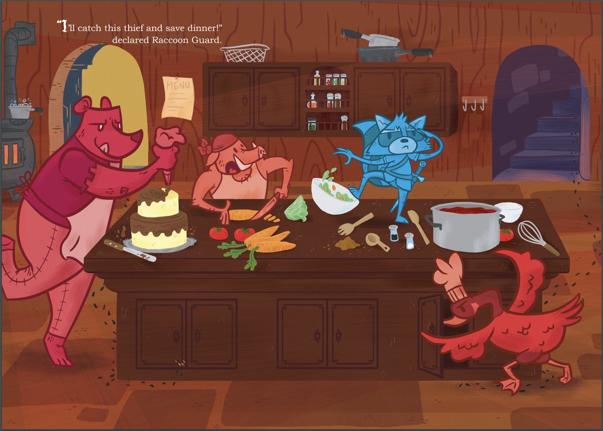 necenarro's tweet photo. @IllusDept Here's one of the spreads from my book dummy Raccoon Guard and the Fork Thief. Thoughts? #IllusDeptPodcast #Twittercrit https://t.co/ReCaCC1C3U