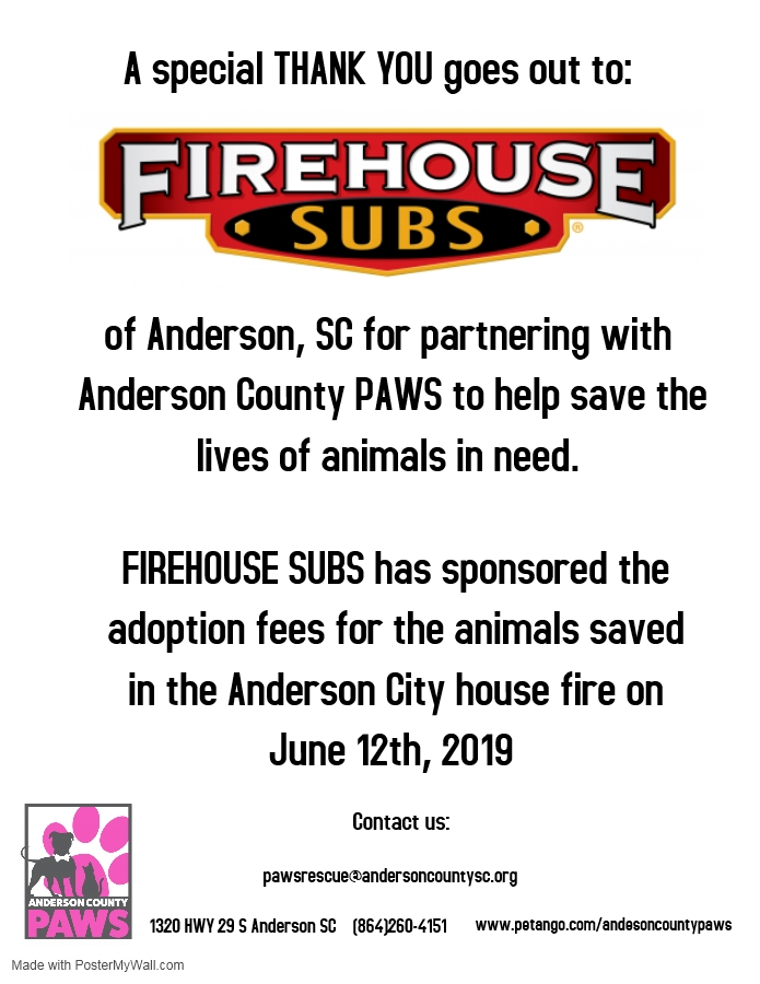 ACAS_PAWS's tweet photo. What an amazing community we have! MASSIVE shoutout to Firehouse Subs of Anderson for sponsoring the adoption fees for the animals saved in the June 12th house fire!! #AdoptAtPAWS #Community #FirehouseSubsOfAndersonSC #SavingLivesTogether #BusinessAmbassadors #Adopt #Foster https://t.co/YVMiaZlzzk