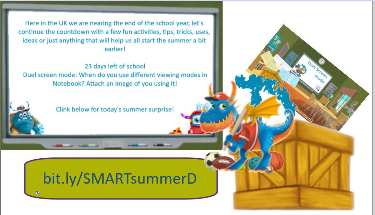SMARTukconnect's tweet photo. Nearly the end of the school year, let's continue the #SMARTSummerCountdown
23 days left of school
Duel screen mode: When do you use different viewing modes in Notebook? Attach an image of you using it!
Clink below for today's summer surprise! https://t.co/rf2y4W7Ywr
@SMART_Tech https://t.co/cFoOdSJ63f