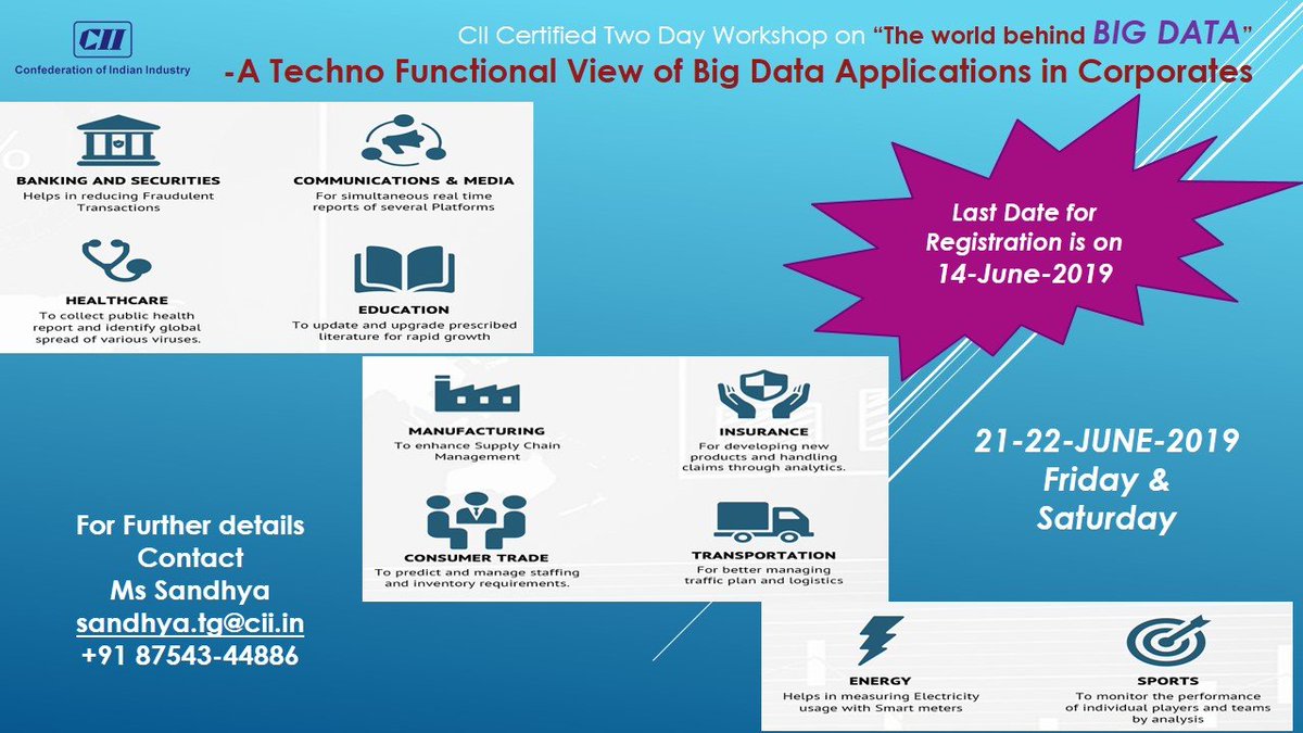 CIICSRGateway's tweet photo. CII Certified Two Day Workshop on 'The World Behind #Big #Data' - A Techno Functional View of Big Data Applications in Corporates : 21-22-June-2019 (Friday &amp; Saturday) : 0930 - 1730 hrs https://t.co/3LqygNiVSQ