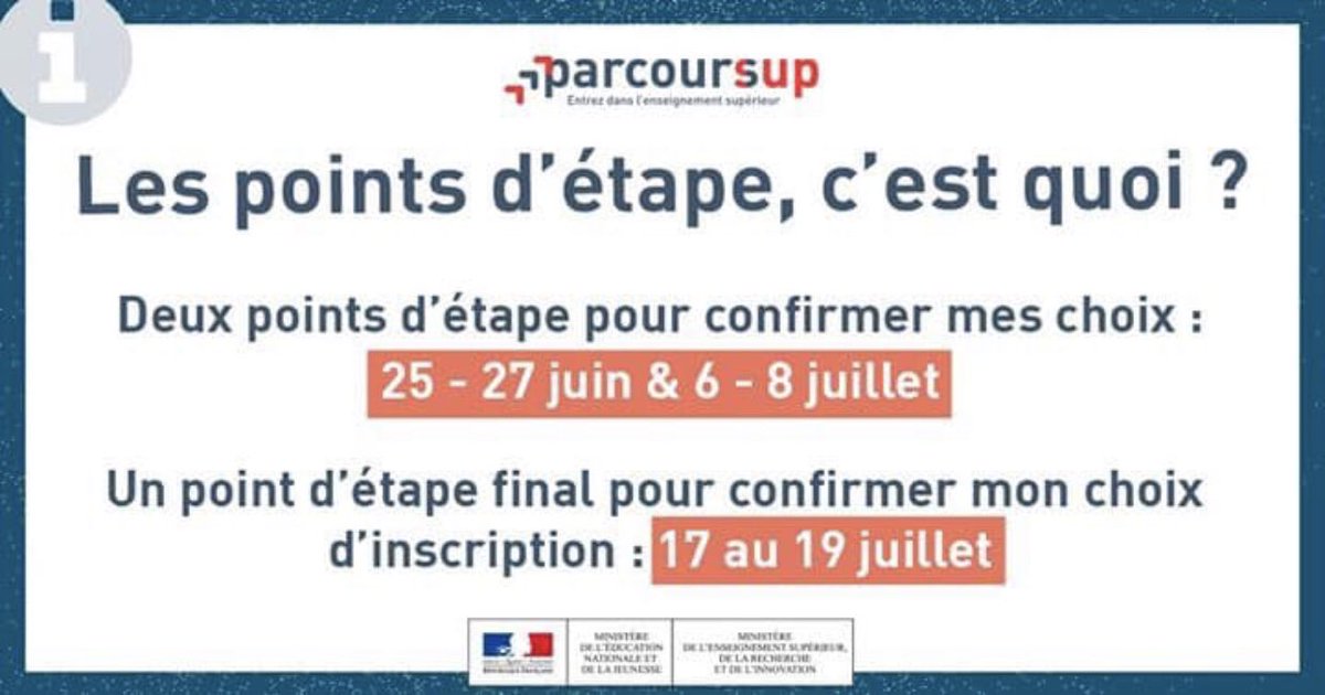 JeunesMacronSE's tweet image. ✍️ Le premier point d’étape Parcoursup se déroule entre le 25 et le 27

Plus d'infos ➡️ bit.ly/2F4fKgU