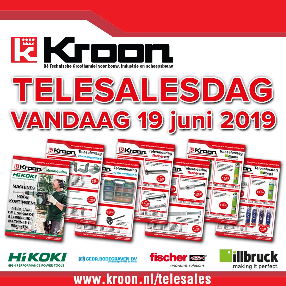 Kroononline's tweet image. Vandaag de hele dag Telesales bij Kroon! Met Hikoki, Illbruck, Gebr. Bodegraven en Fischer. Alles weten? Bekijk de pdf : tinyurl.com/y4dvy7xh  Bekijk de xlsx met o.a. Hikoki prijzen: lnkd.in/dMK5_zT  Alle informatie is ook te zien op: kroon.nl/telesales