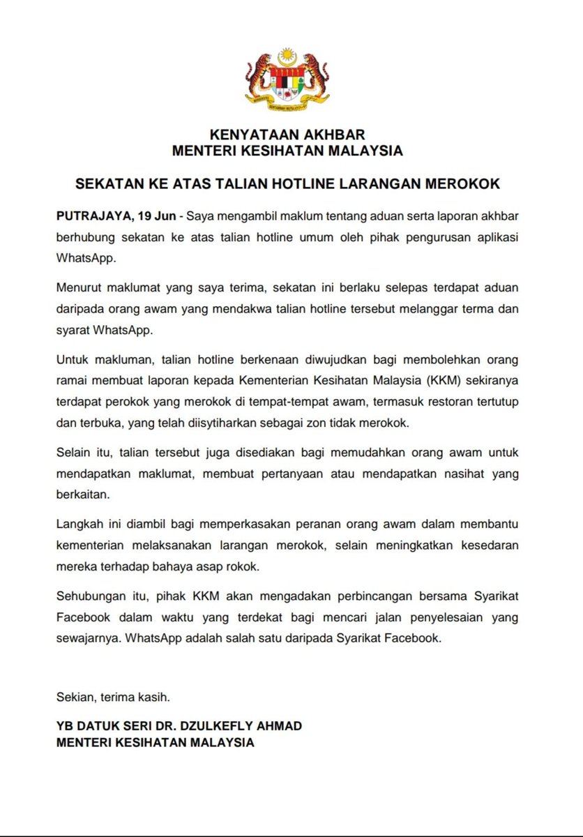 KKMPutrajaya's tweet photo. Susulan aplikasi WhatsApp (untuk org awam buat aduan perokok ingkar arahan larangan merokok) yg telah disekat. 

KKM akan mengadakan perbincangan dengan Facebook untuk cari penyelesaian terbaik.

Rujuk kenyataan penuh Men.Kesihatan, Datuk Seri Dr @DrDzul https://t.co/TKmXh62P5j