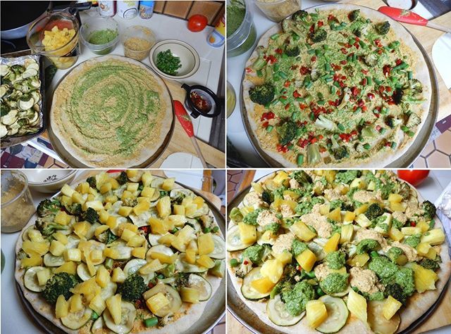 #PineapplePizza with #Cilantro #Pesto Sauce, #Fermented #Jalapenos, Roasted #Zucchini and #Broccoli, #GarlicScapes and #Vegan #Tomato #Queso on a #WholeWheatCrust 
Another crazy #fruit #pizza experiment as I await the first big harvest of #garden veggies… bit.ly/2XXOOqu