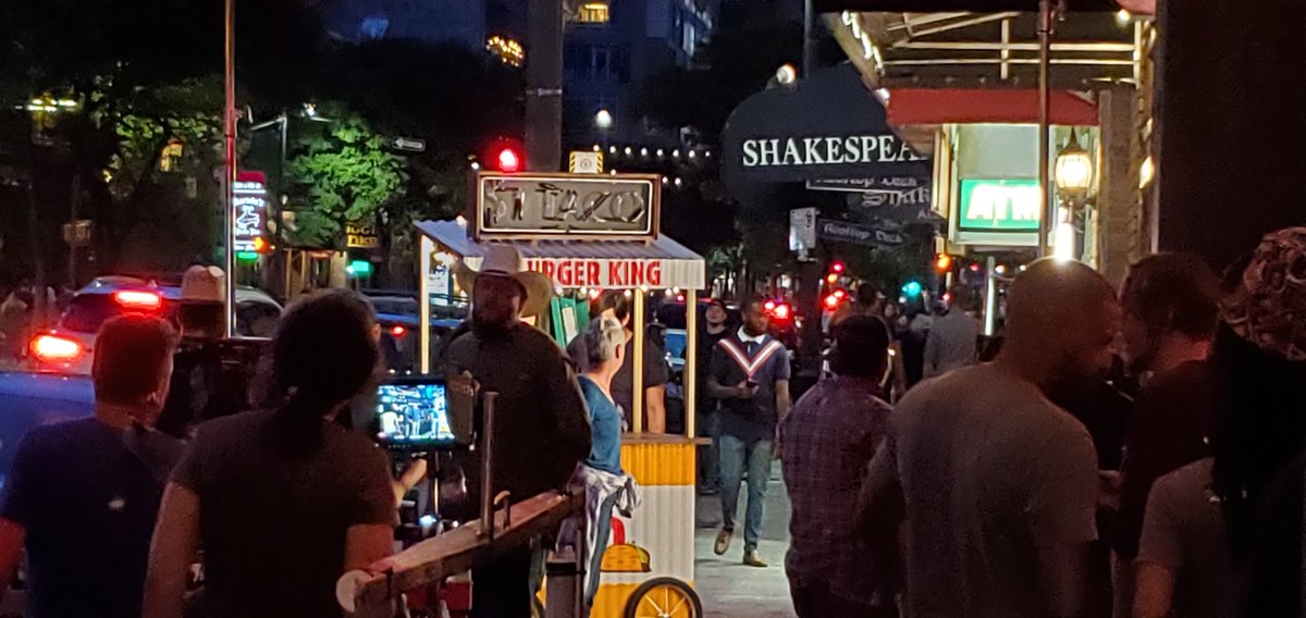 TJSmithEsquire's tweet photo. Filming a @BurgerKing commercial outside of @AlamoRitz and @ShakespearesATX tonight.  My future filmmaker daughter, @RyleeRoo6 was excited to stumble onto the set. I was excited to imagine her doing this work someday... giving me direct access to free #Whoppers. https://t.co/5F8P5xNaHx