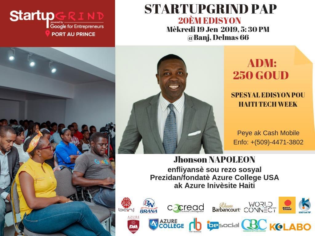 marcalainb's tweet photo. Bon denye tweet jounen an. 
1- Demen maten 9AM Google Founders Lab nan @banjHT (SOLDOUT)
2- 5:30 @StartupGrindPap avek @JhonsonNapoleon Rezeve: https://t.co/BDJFYcxctQ
Se denye jou #HaitiTechWeek
Apre sa se @HaitiTSummit li ye!
Nap tann tout moun!
Bonne nuit! 💤 https://t.co/Xljnn0ecio