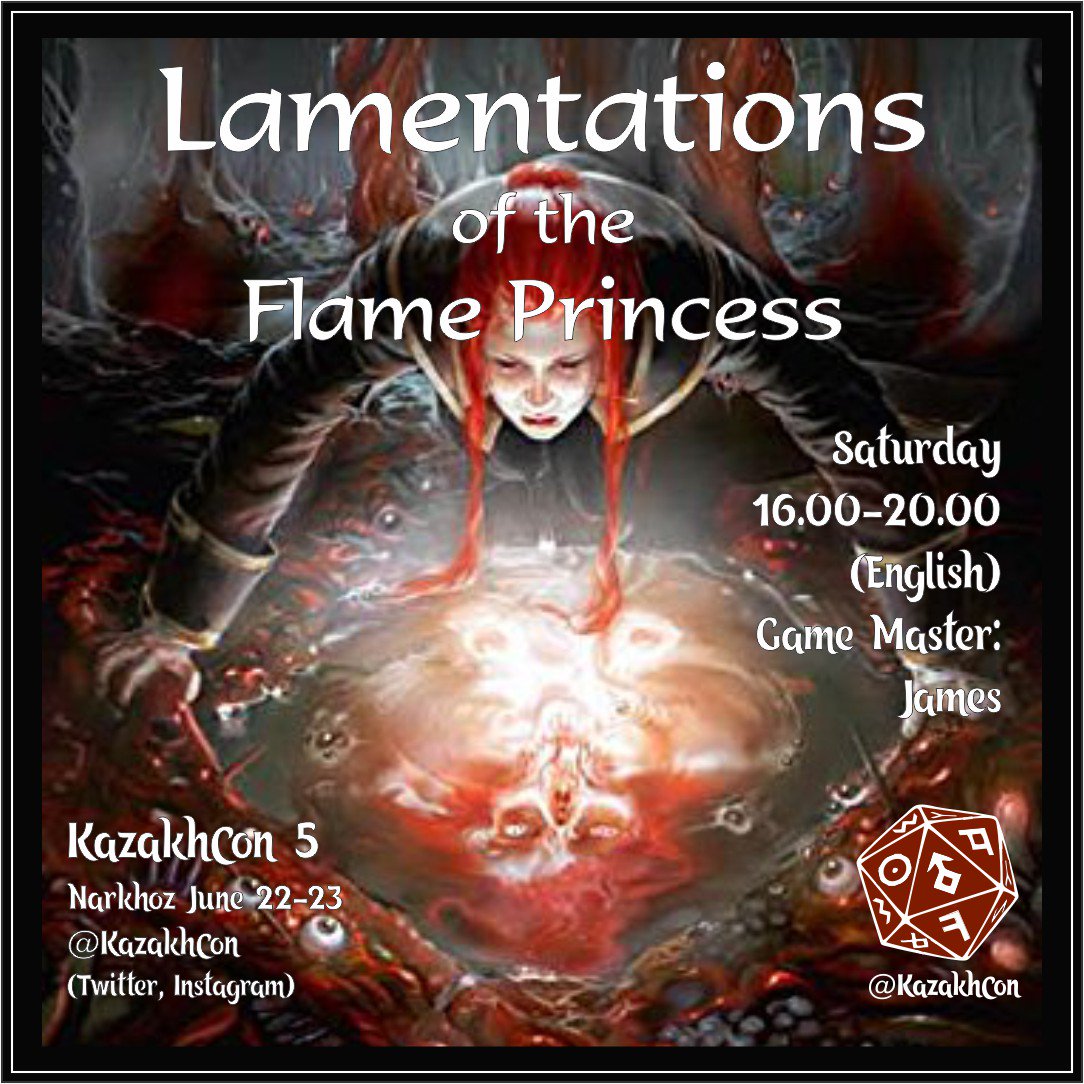 KazakhCon's tweet photo. Saturday from 16:00 at KazakhCon #DungeonsAndDragons #LamentationsOfTheFlamePrincess #RollForShoes #boardgames @Wizards_DnD @mikemearls @LotFP https://t.co/PT4sSOR45C