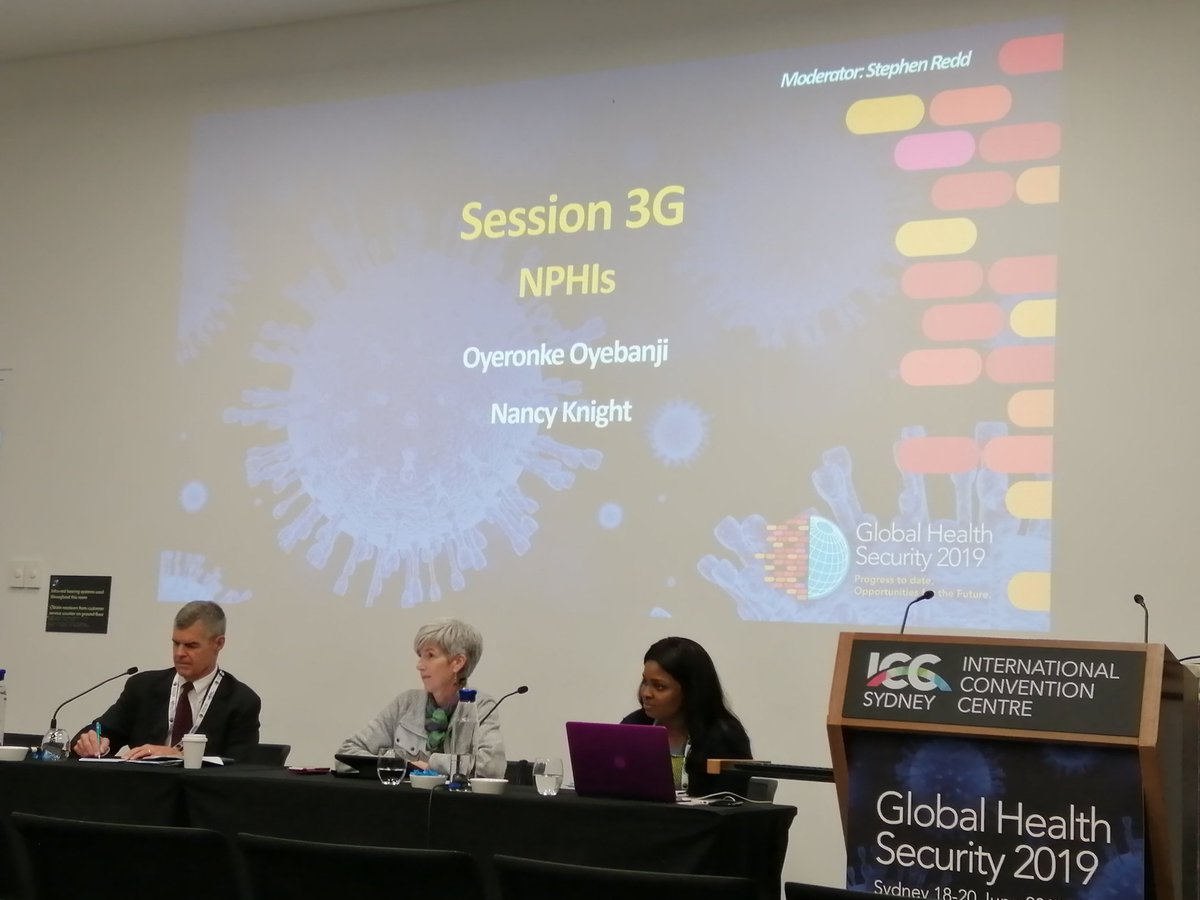 Currently ongoing: The panel session on 'National Public Health Institutes (NPHIs)' at the @GHS2019conf...

Panelists (L-R): Stephen Redd (Moderator), Nancy Knight, and the very serious-looking @OyeRonke_ 😊

A very engaging panel session indeed...! 👍🏽👌🏽

#GHS2019 #NPHIs