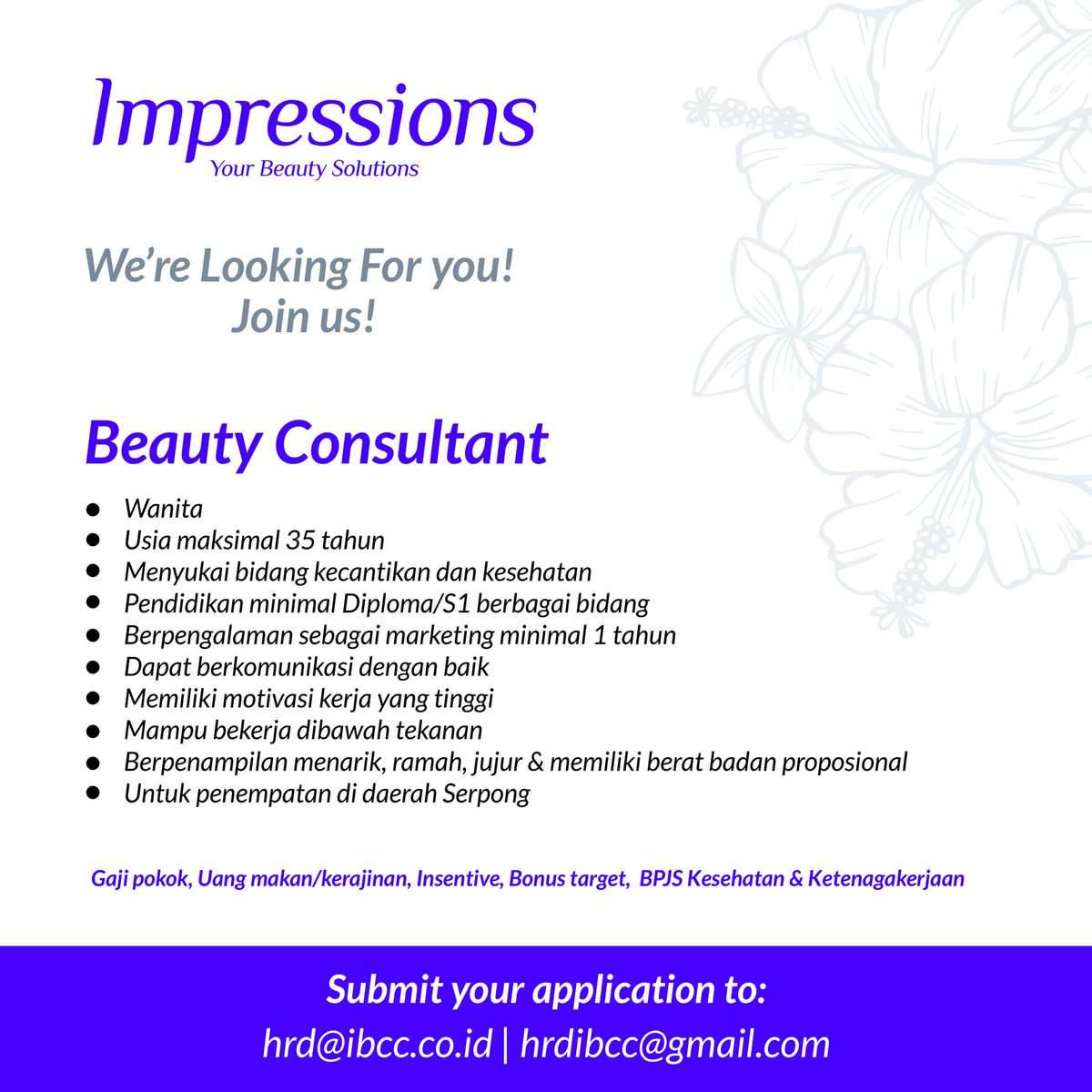 Impressions_'s tweet photo. Hai, untuk anda yang tinggal di daerah Serpong dan sekitarnya. Impressions sedang membuka #lowongankerja sebagai Beauty Consultant. Submit your application to : hrd@ibcc.co.id
.
#LOKER #lokerjakarta #lokerserpong #serpong #lowongan #lowongankerja https://t.co/65CWaJbVCS
