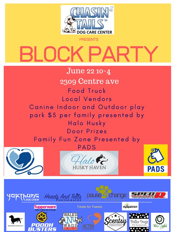 pooohbusters's tweet photo. Calgarians looking for a fun family and pet friendly event this weekend - come check out @ChasinTailsDCC Block Party!
@PADSdogs #yycdogs #yycevents https://t.co/yB2I1hPLDa