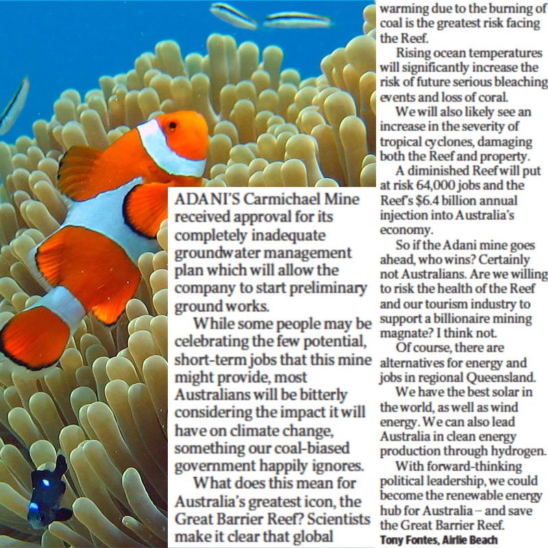 FightForOurReef's tweet image. "So if the Adani mine goes ahead, who wins? Certainly not Australians. Are we willing to risk the health of the Reef and our tourism industry to support a billionaire mining magnate? I think not."

Tony nails it in his letter in the Courier Mail.

#StopAdani #AusPol #CoralNotCoal