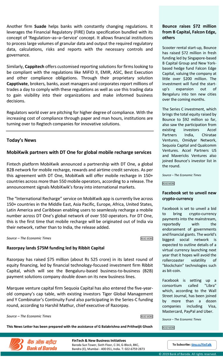 bankofbaroda's tweet photo. Read more about 'Emergence of Nimble Regulatory Compliance', in today's 'Fintalk', our daily Fintech newsletter!
Subscribe here to get more such #Fintech updates:
https://t.co/Pvs1VP7CXy
#Bain&Co #Duff&Phelps #Clausematch #Suade #Cappitech #Capptivate https://t.co/L7MKtwe84Y