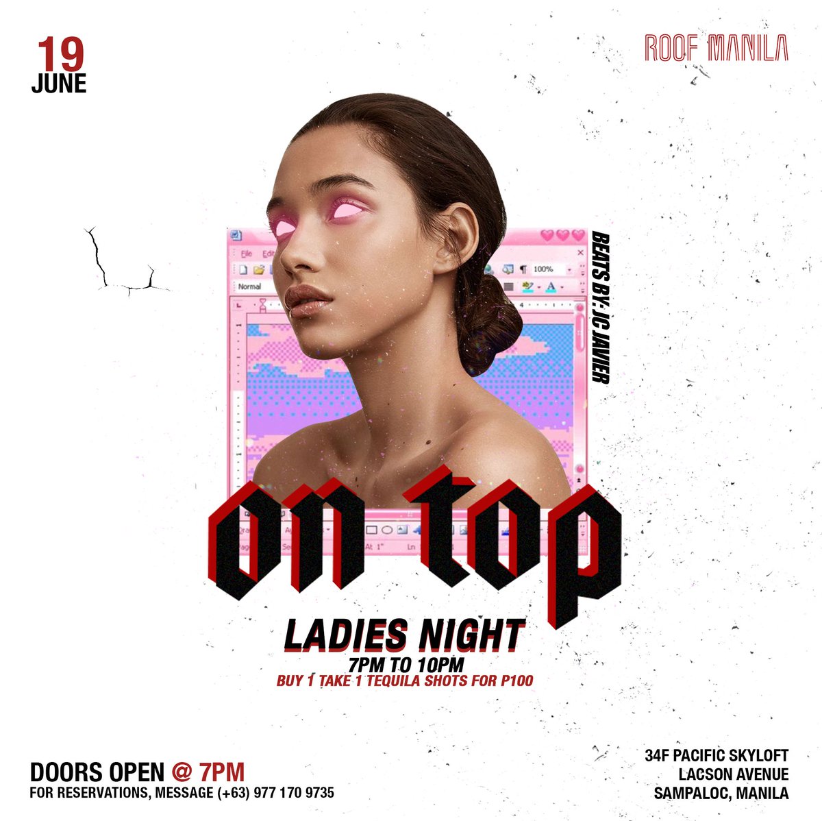 RoofManila's tweet photo. Favorite day of the week because it's #OnTopWednesday 🔥 Join us tonight at the Roof with music from JC Javier 🎶 Also, Ladies Night continues tonight! Get your 2 tequila shots for P100 from 7pm-10pm only! 🤯 See you at the Roof! #FeelsGoodOnTop https://t.co/hvQBkPzR47