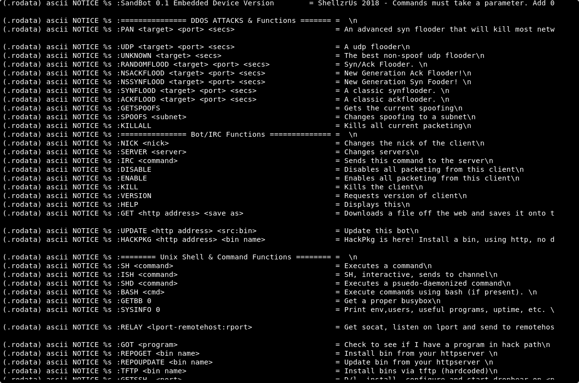 _odisseus's tweet photo. Sample of "#SandBot 0.1 Embedded Device Version" with in line help for
1) "DDOS ATTACKS & Functions"
2) "Bot/IRC Functions"
Malware #ELF for #IoT devices for #botnet #DDoS #UPX packaged #IRC C&C.
Sample at hxxp://198.98.51.104:743/x/arm7vte
Very nice find by @0xrb 👏👏👏 https://t.co/j6DoTF00ga