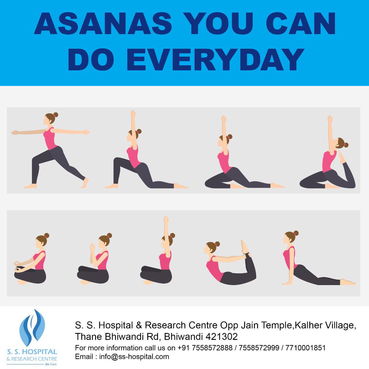 SS_HOSP's tweet photo. Here are some Asanas you can incorporate in your daily routine.
Have a look!
#SSHospital #Thane #WeCare #WorldYogaDay #YourPersonalHealthcarePartner #Bhiwandi https://t.co/aEOvT3lRMu