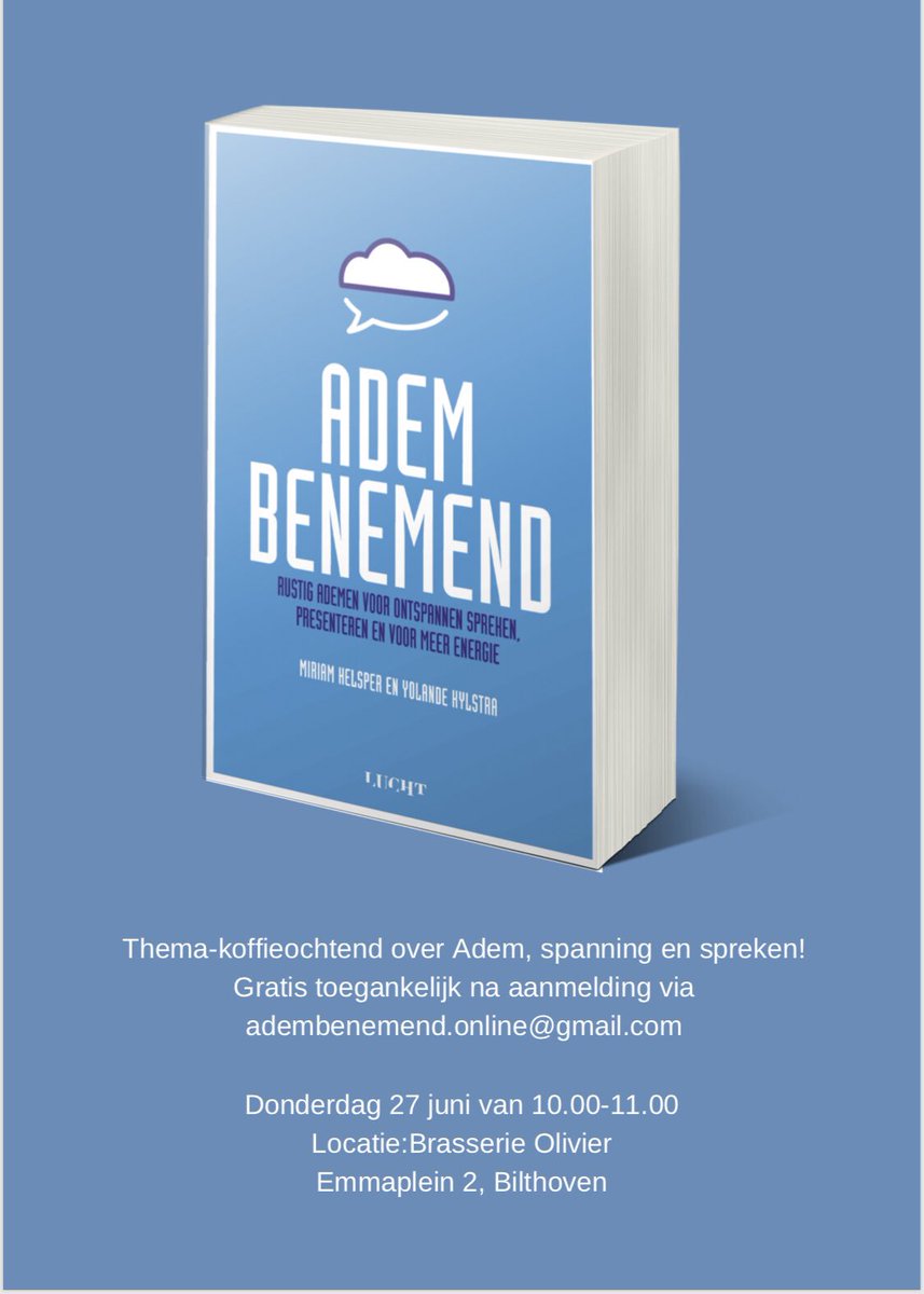 Met een kopje koffie en taart luisteren naar onze Adembenemende presentatie?
Kom dan 27 juni om 10.00 naar Brasserie Olivier in Bilthoven voor onze boekpresentatie over de invloed van adem en spanning op het spreken, stemgeven en presenteren!