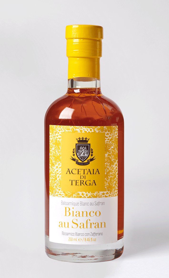 Balsamique blanc au Safran en pistils
  Extraordinairement fruité ! Aux notes de pêches blanches naturelles  associées à la subtilité du safran en pistils PREMIUM TERGA.
 A découvrir impérativement !