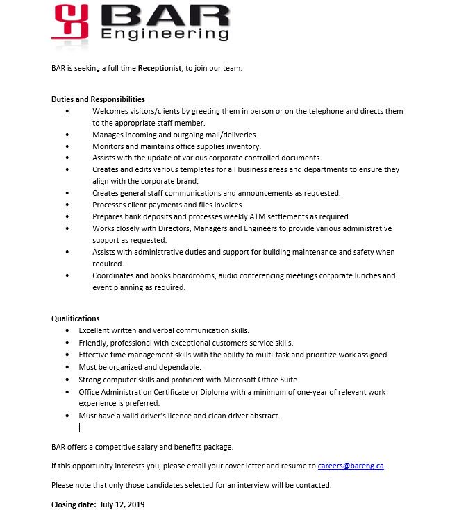 Need a change?  Looking for a challenge?  Want to join a fun and productive working environment?  We are looking for a new team member to be the face you first encounter when walking through the doors at BAR. 
#BAREngineering #BARfamily #exceptional #BARculture #yll