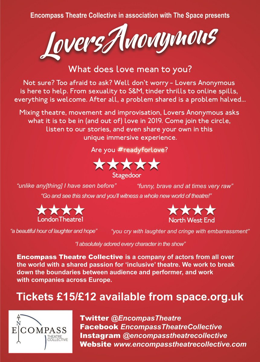 #fromourfriends "witness a whole new world of theatre" ★★★★★ 
"making you cry with laughter" ★★★★ 

LOVERS ANONYMOUS by <a href="/EncompasTheatre/">Encompass Theatre Collective</a> is back at <a href="/SpaceArtsCentre/">The Space</a> this July 9th-11th and 16th-19th 

This summer, get #readyforlove ❤️ 

Tickets :
space.org.uk/event/lovers-a…