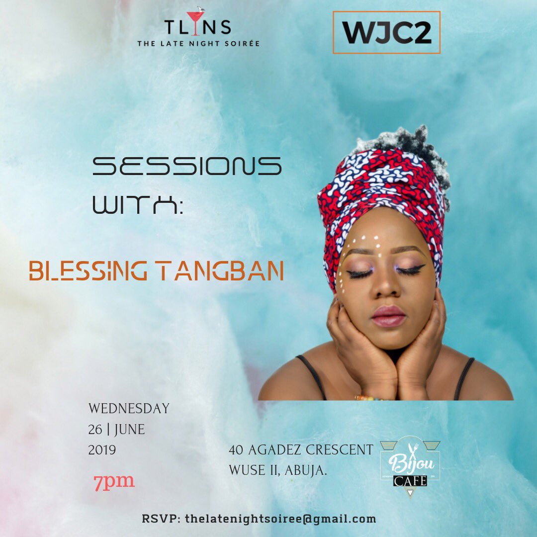 McBluetoothCCFR's tweet photo. Peep this guys @WeJustCame2_ will be hosting the transcendent @blessingtangban in d  first @latenightsoiree Abuja session @bijoucafe_ng 
Today!!! 
It's free as long as you RSVP https://t.co/oUCFWegtAs…
_
#tlns14 
#WJC2EVENTS #tlnssessions #SessionsWithBlessingTangban #music https://t.co/HhxU7I1n6F