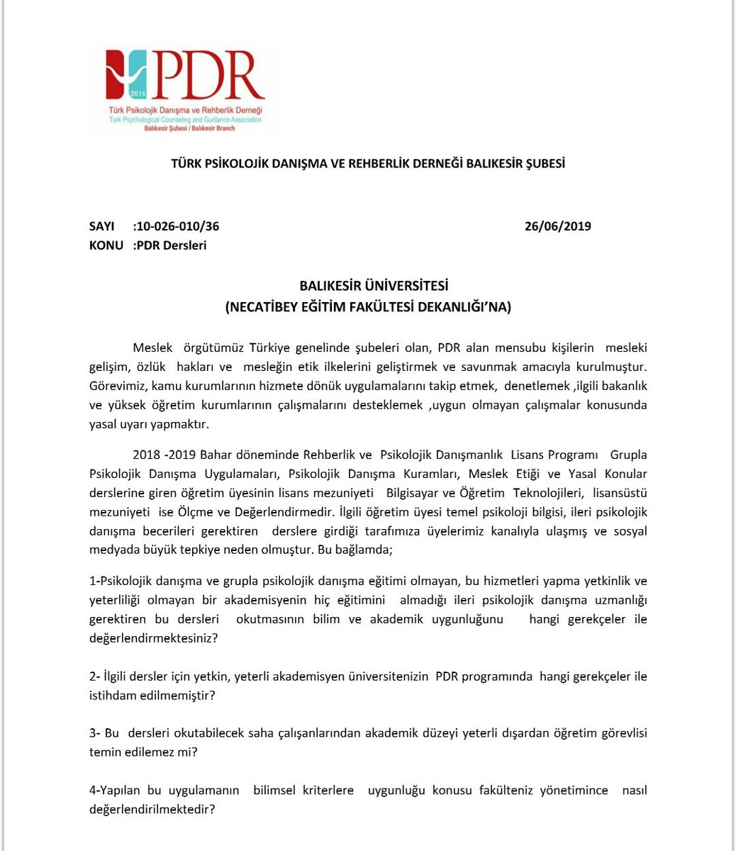 turkpdrderblk's tweet photo. Balıkesir Üniversitesi'nde ileri psikolojik danışma becerileri gerektiren Grupla Psk. Dan., Meslek Etiği vb. derslerine temel psikoloji bilgisi olmayan bir öğretim üyesinin girmesine ilişkin, ilgili Dekanlık'a  bilgi edinme kanunu uyarınca dilekçe verdik. @SaglRuh #Türk #PDR https://t.co/GRCG7nJmB7