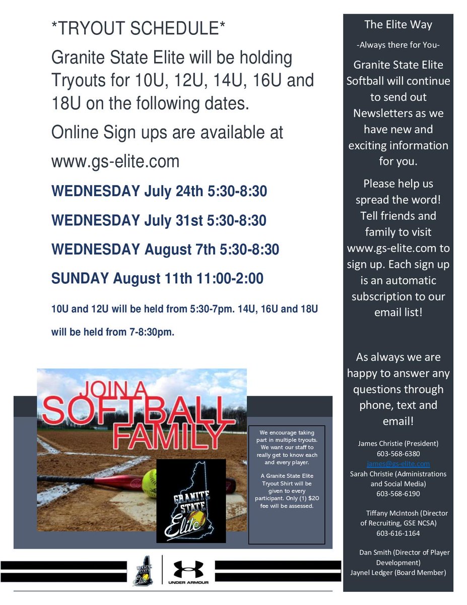 Granite State Elite Softball will be holding tryouts for 10-18U, 7/24 7/31 8/7 and 8/11. Tryouts will be held at Volunteers Park, 118 River Road Allenstown, NH. If it should rain we will be using the Seacoast United Indoor Facility, 10 Ferry Street Concord, NH.